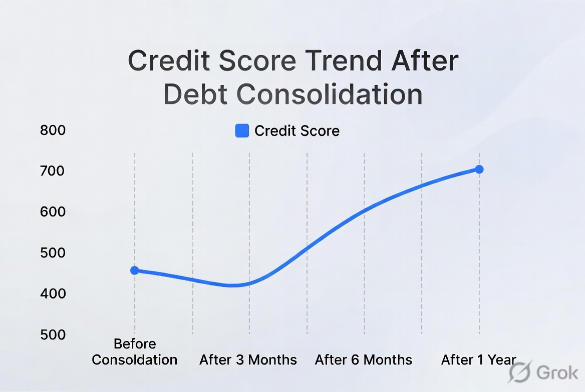 Graph showing credit score trending upward over time after debt consolidation, representing credit rebuilding through consistent payments