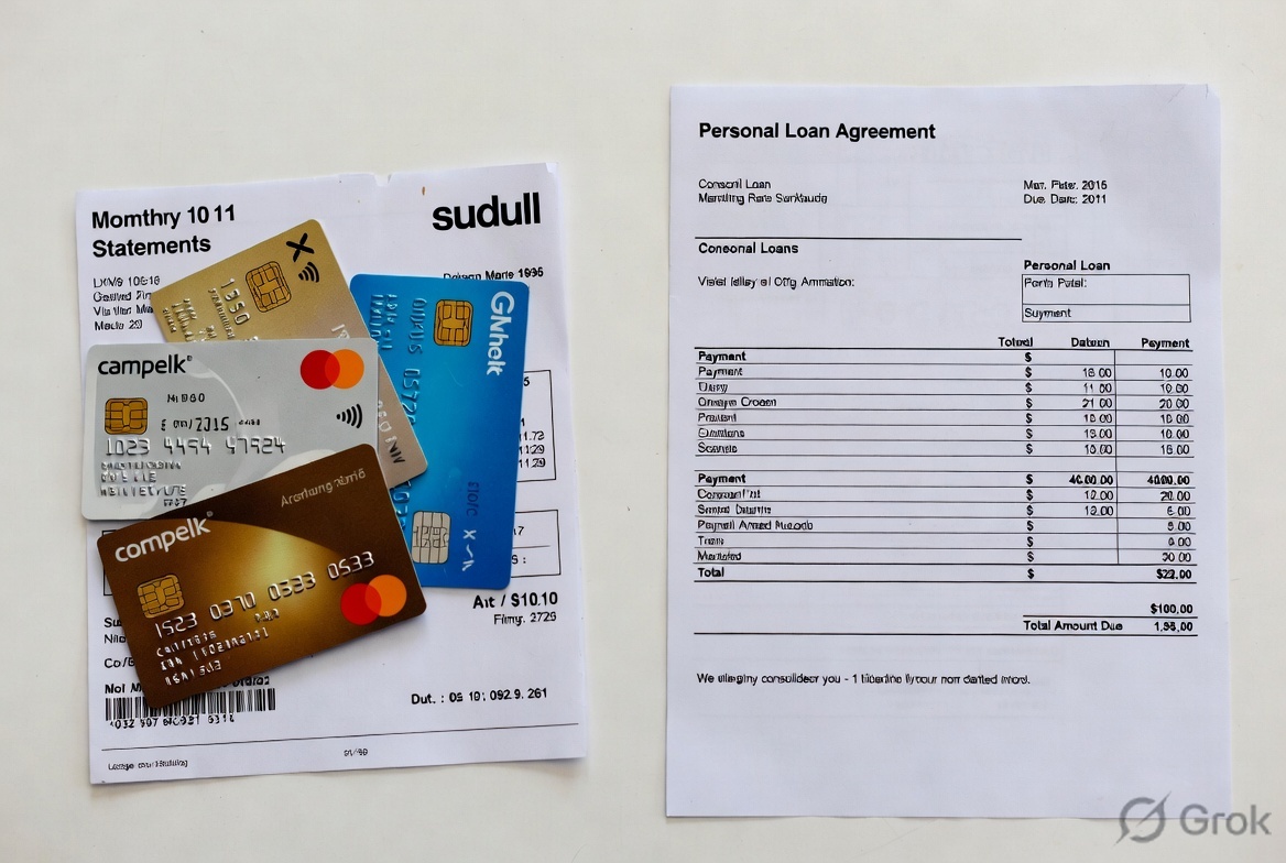 Visual comparison showing left side with multiple payment cards/statements and right side with single consolidated personal loan document, illustrating simplification
