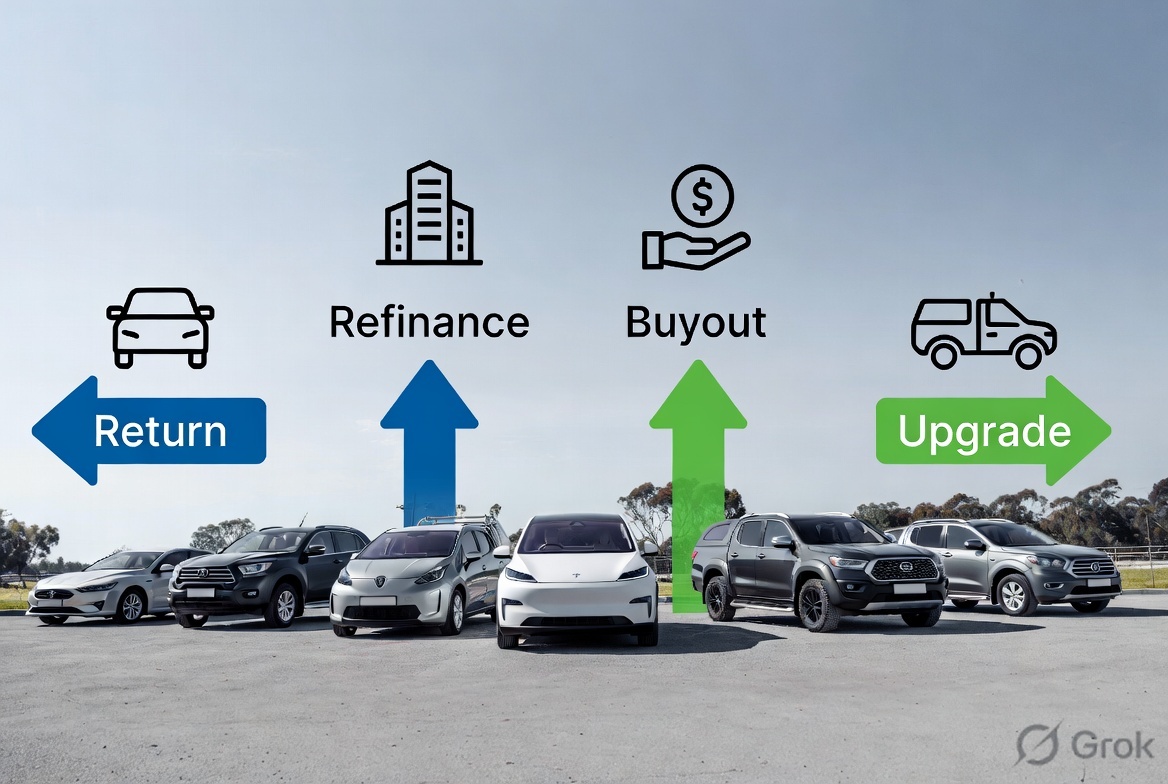 Professional image showing multiple vehicle options or arrows indicating choices, representing finance lease flexibility at end of term