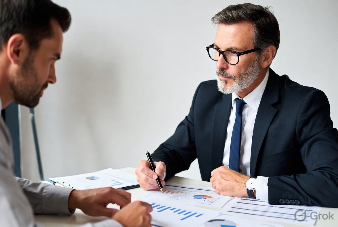 Business owner meeting with finance broker reviewing documents or charts comparing chattel mortgage, lease, and hire purchase structures for commercial vehicle loans