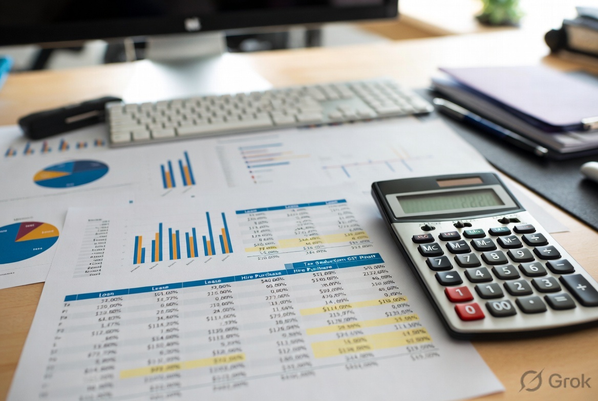 Financial documents, calculator, or charts showing tax deductions and GST benefits comparison between different business vehicle finance structures