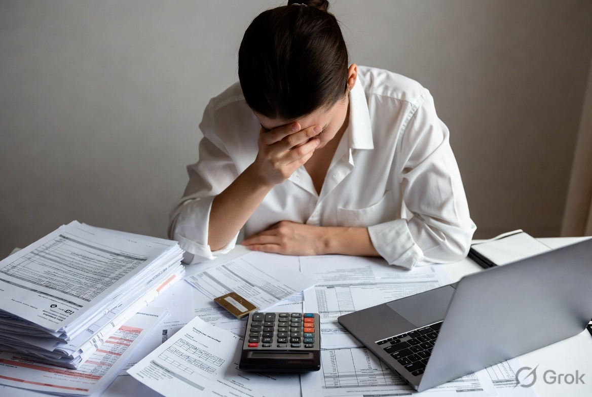 Person at desk with calculator, laptop, and multiple credit card/loan statements spread out, representing the stress of managing multiple debts before consolidation