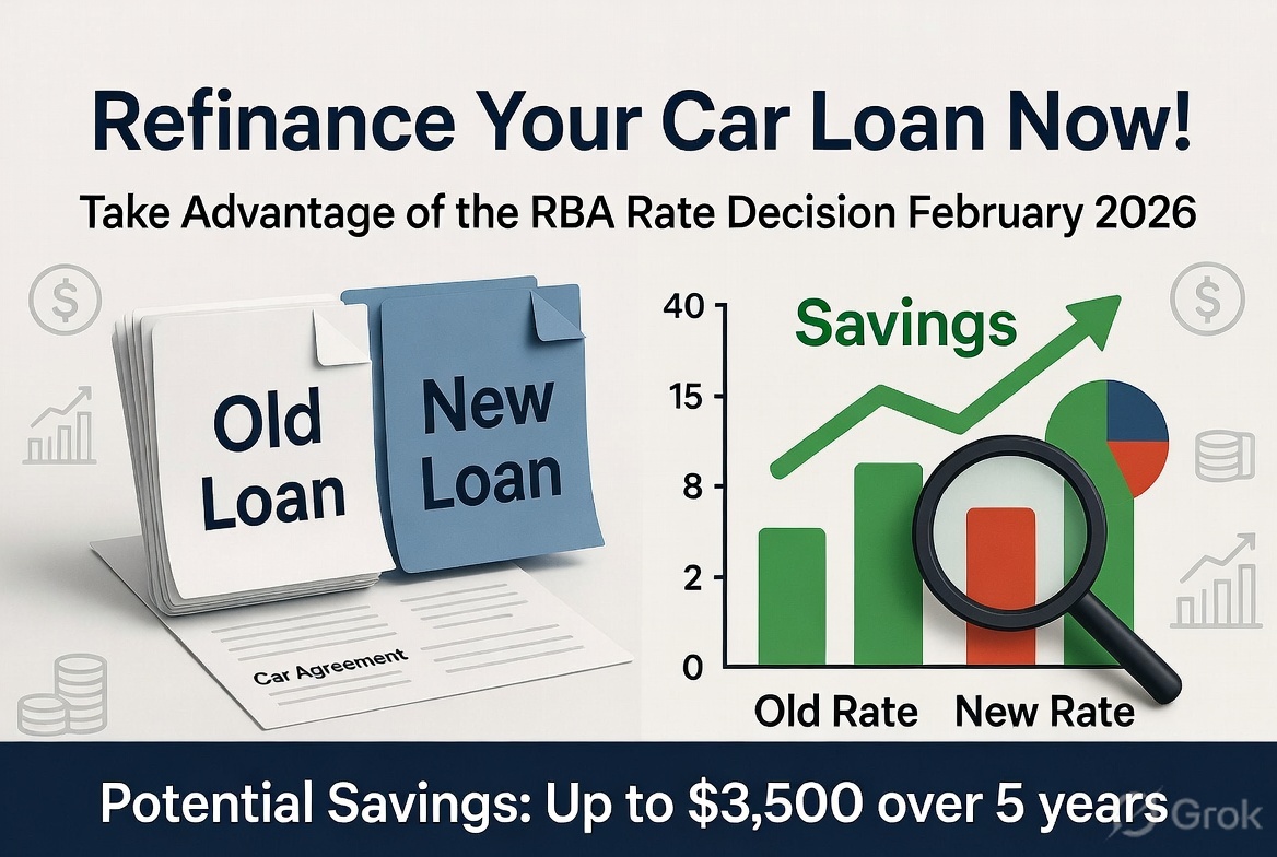 "Refinance car loan opportunity after RBA February 2026 rate decision Australia" Description: Visual showing refinancing concept - documents with "old loan" and "new loan" 