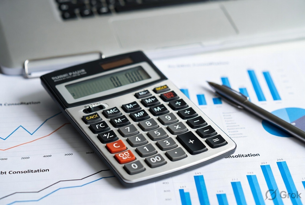 Calculator with financial charts or graphs showing potential savings from consolidating high-interest debts into lower-rate personal loan