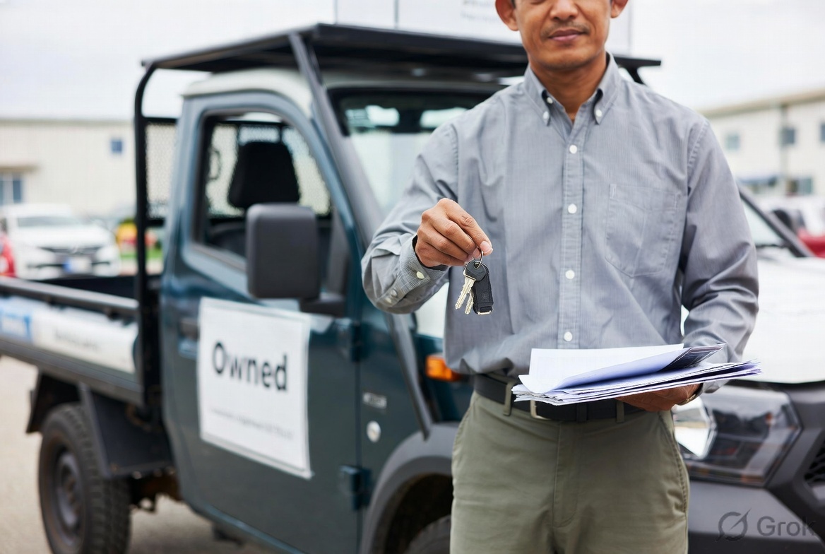 Business owner holding vehicle keys or documents beside commercial vehicle (ute or van) with "Owned" or business signage visible, representing chattel mortgage immediate ownership