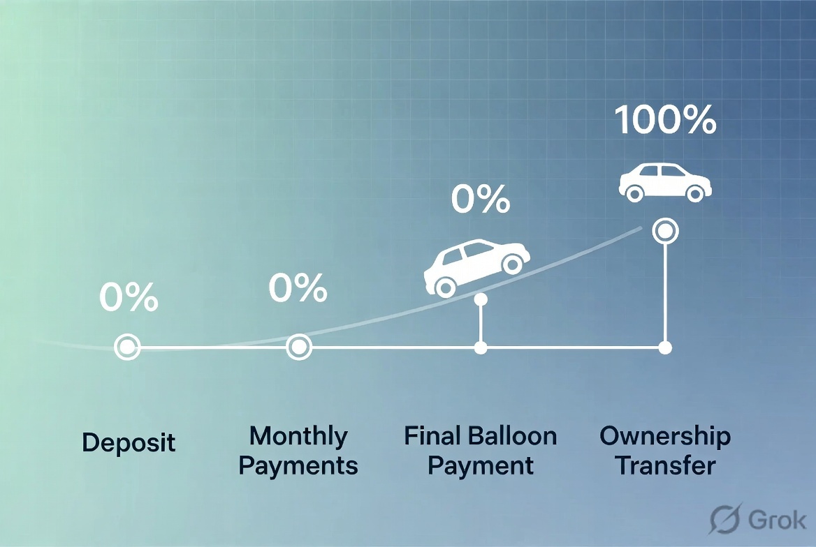 Timeline or progress graphic showing hire purchase payment schedule leading to final ownership transfer, representing gradual ownership structure