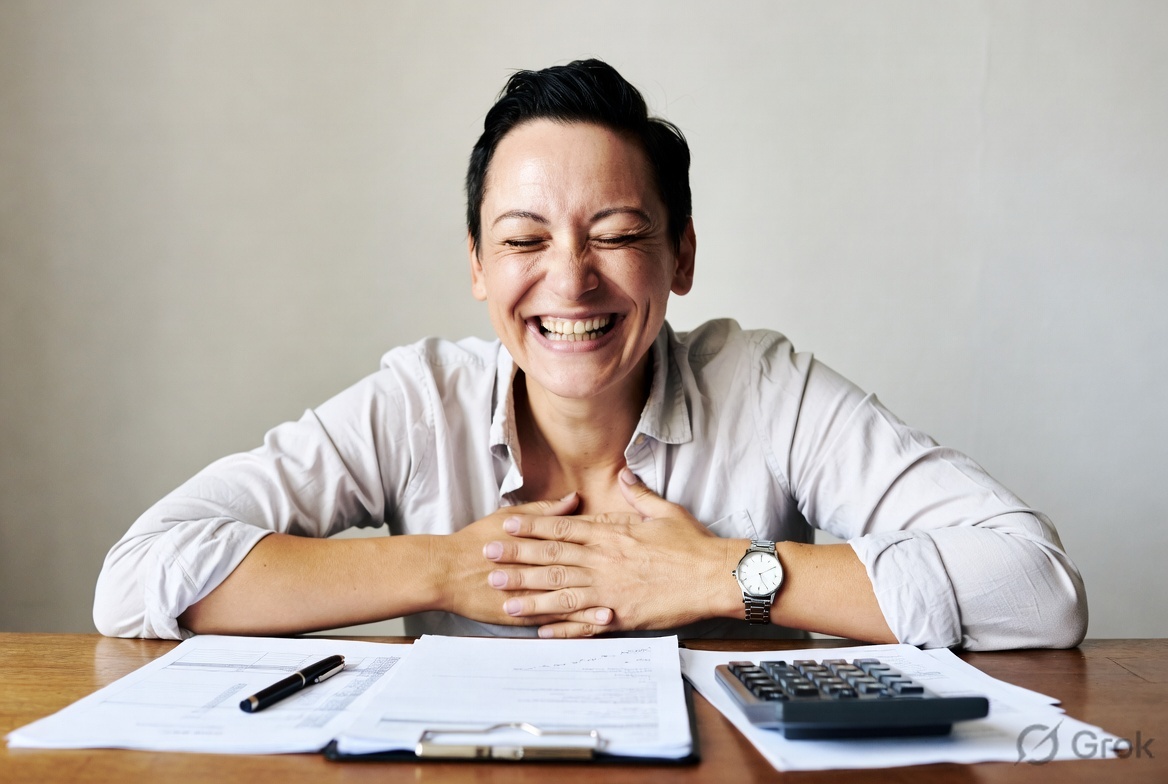 Happy or relieved person with organized finances, representing simplified financial management after debt consolidation success 